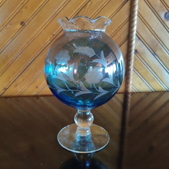 Source Unknown Other - Vintage Blue clear Rose Bowl Etched Pedestal Vase Floral 8"